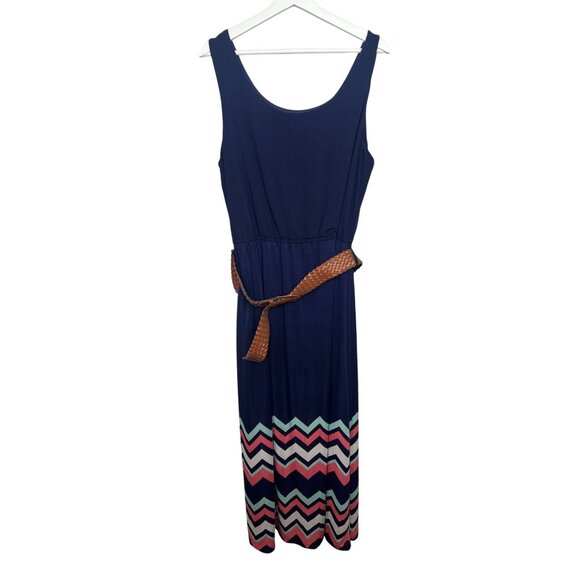 J for Justify Navy Blue Plus 2X Maxi Dress Sleeveless Chevron Hem Belted - Picture 1 of 12